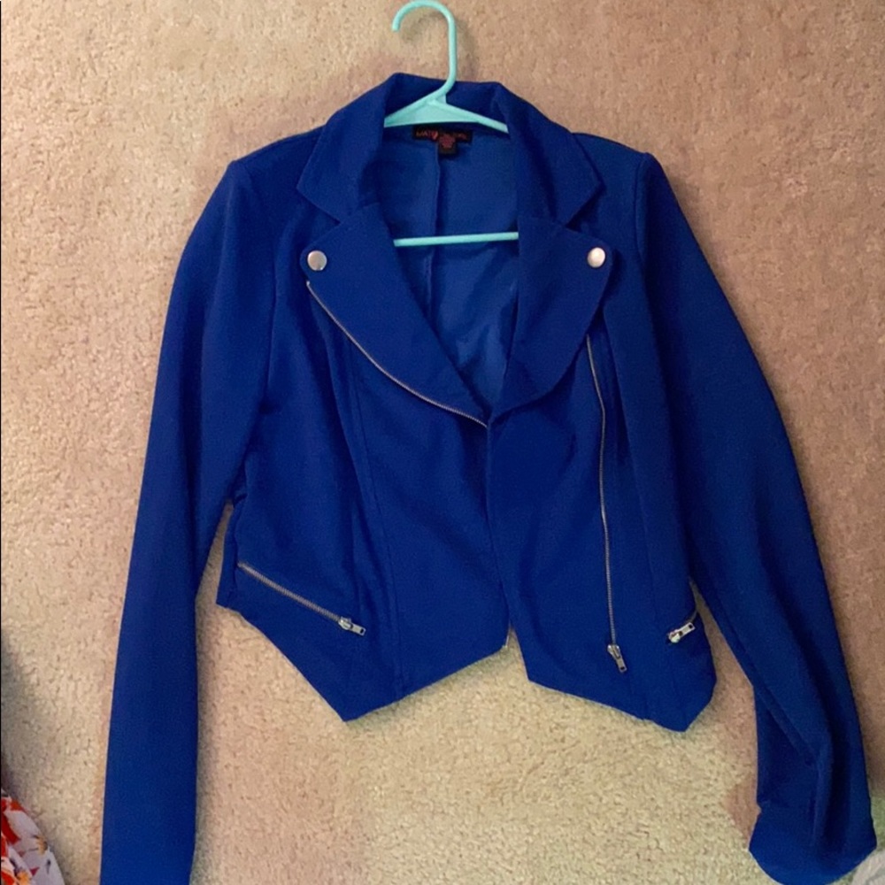 Material girl royal blue asymmetrical blazer